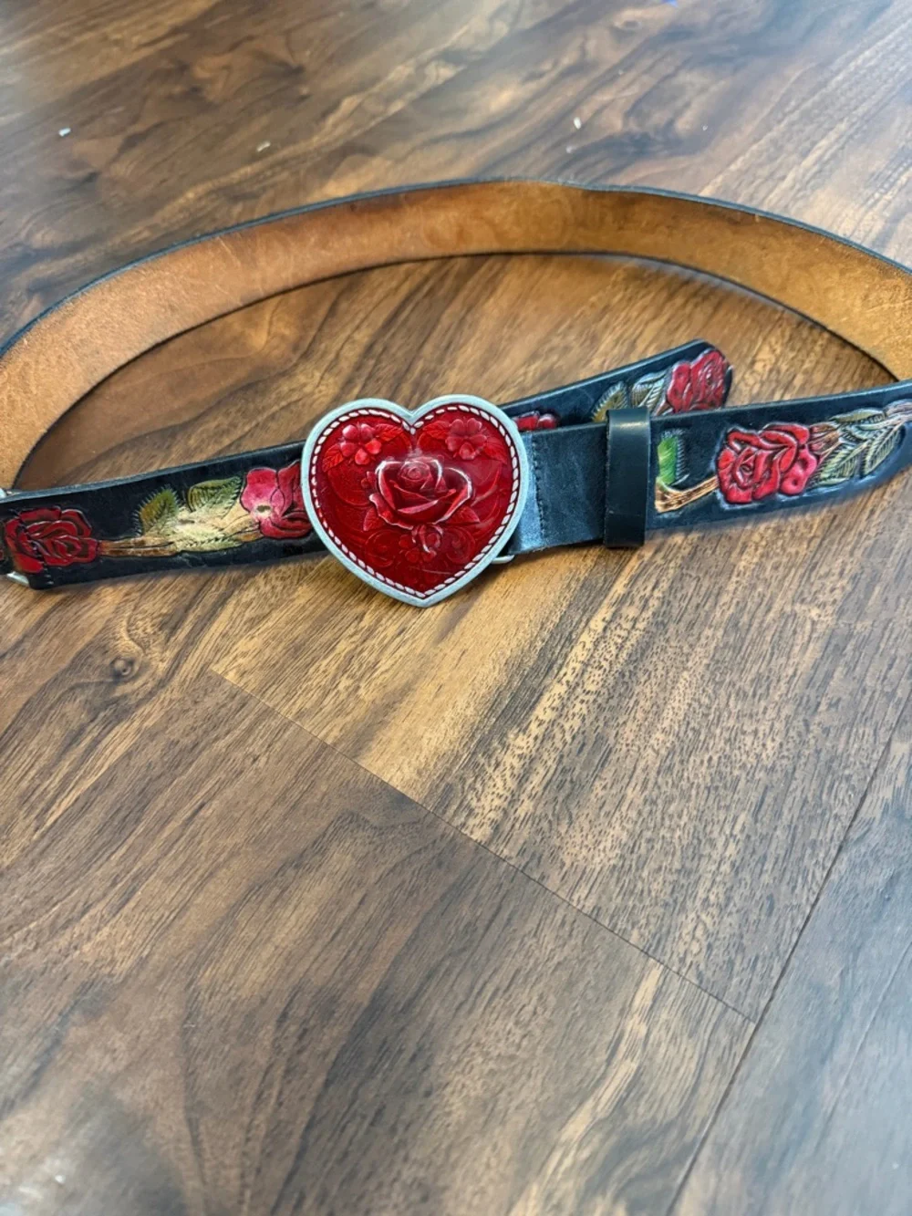 Western Boho Floral Embossed Leather Belt with Red Rose Heart Buckle